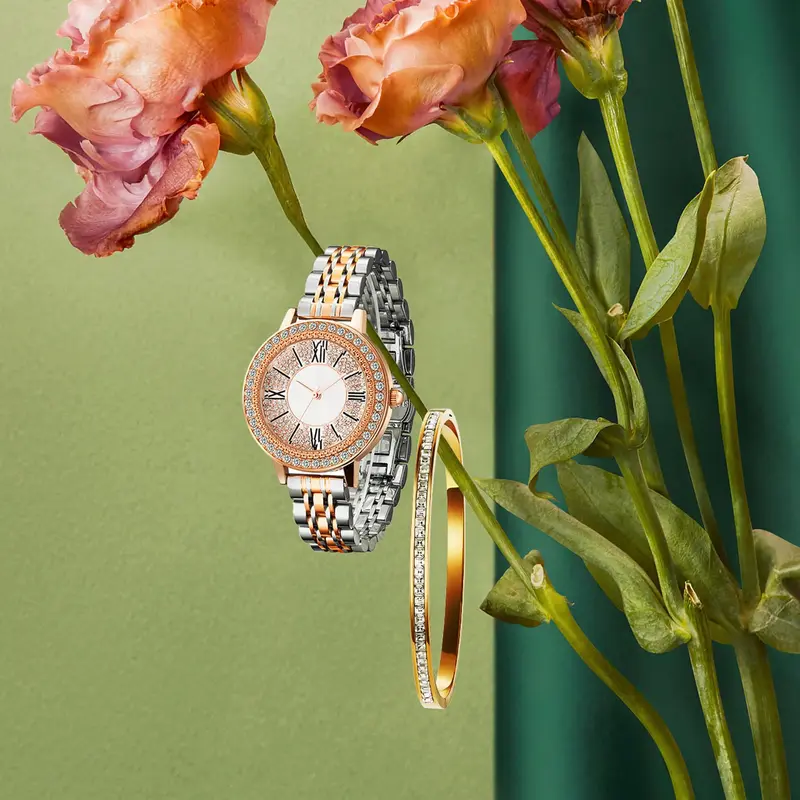 Women's Watch Set Premium Crystal Accented Bangle Watch and Bracelet Watch