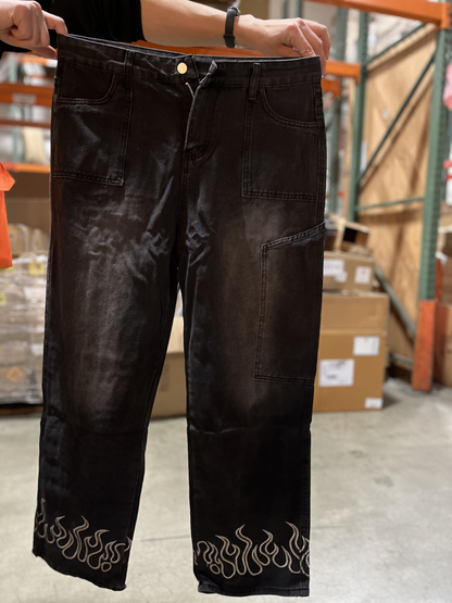 Jeans Vintage Hip Hop Clothes Cargo Pants Man Streetwear Y2k Flame Embroidery Je
