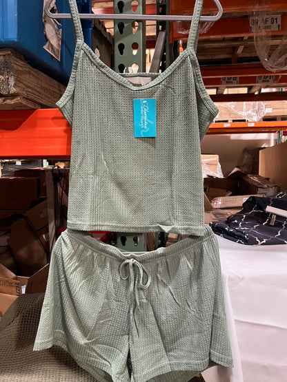 Women's Satin Sleeveless Top & PJ Shorts Pajamas Set green Size 2XL