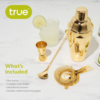 NEW Stainless Steel Barware Set by True Set of 4 shaker, spoon, jigger, strainer