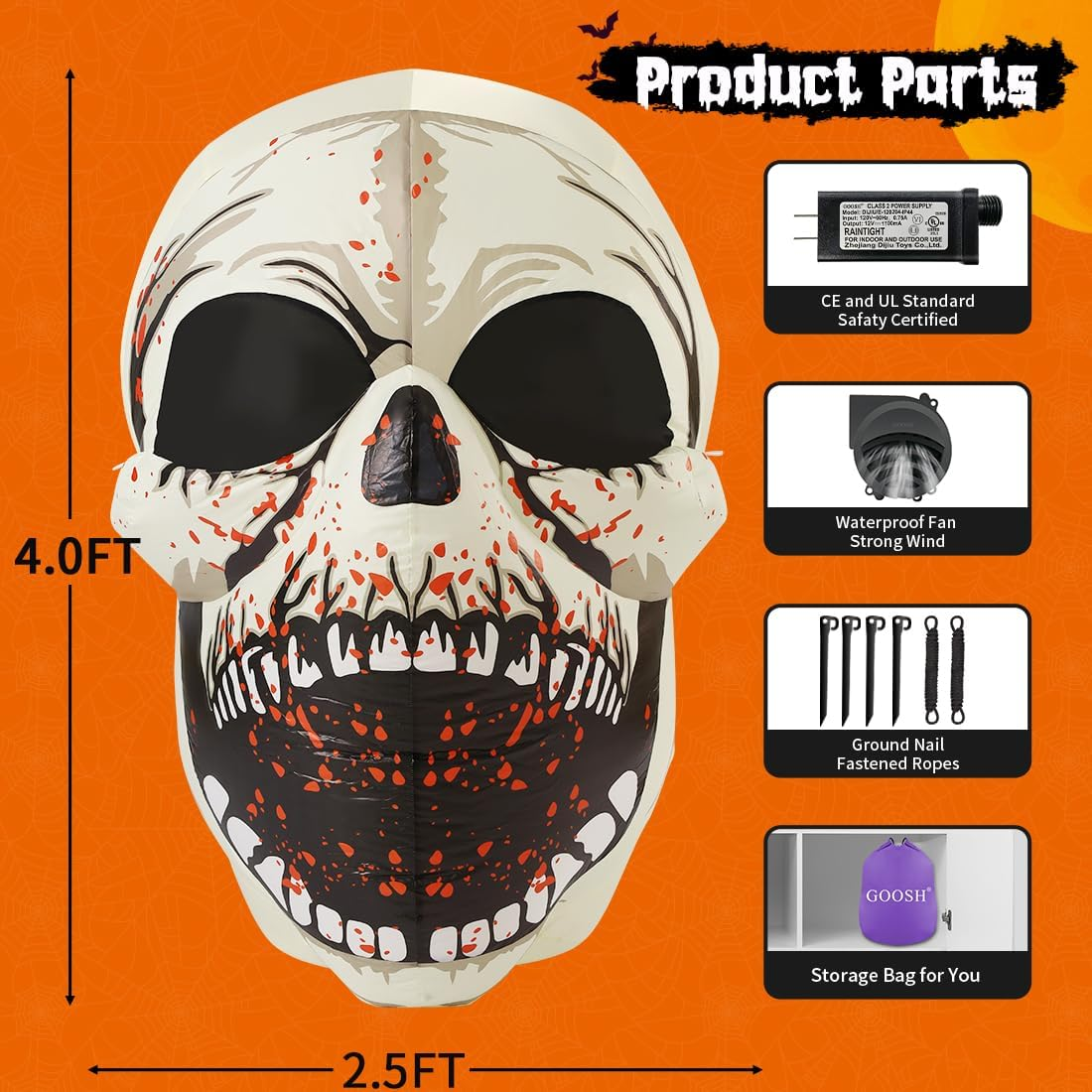4ft Inflatable Halloween Sugar Skull Decoration with Lights