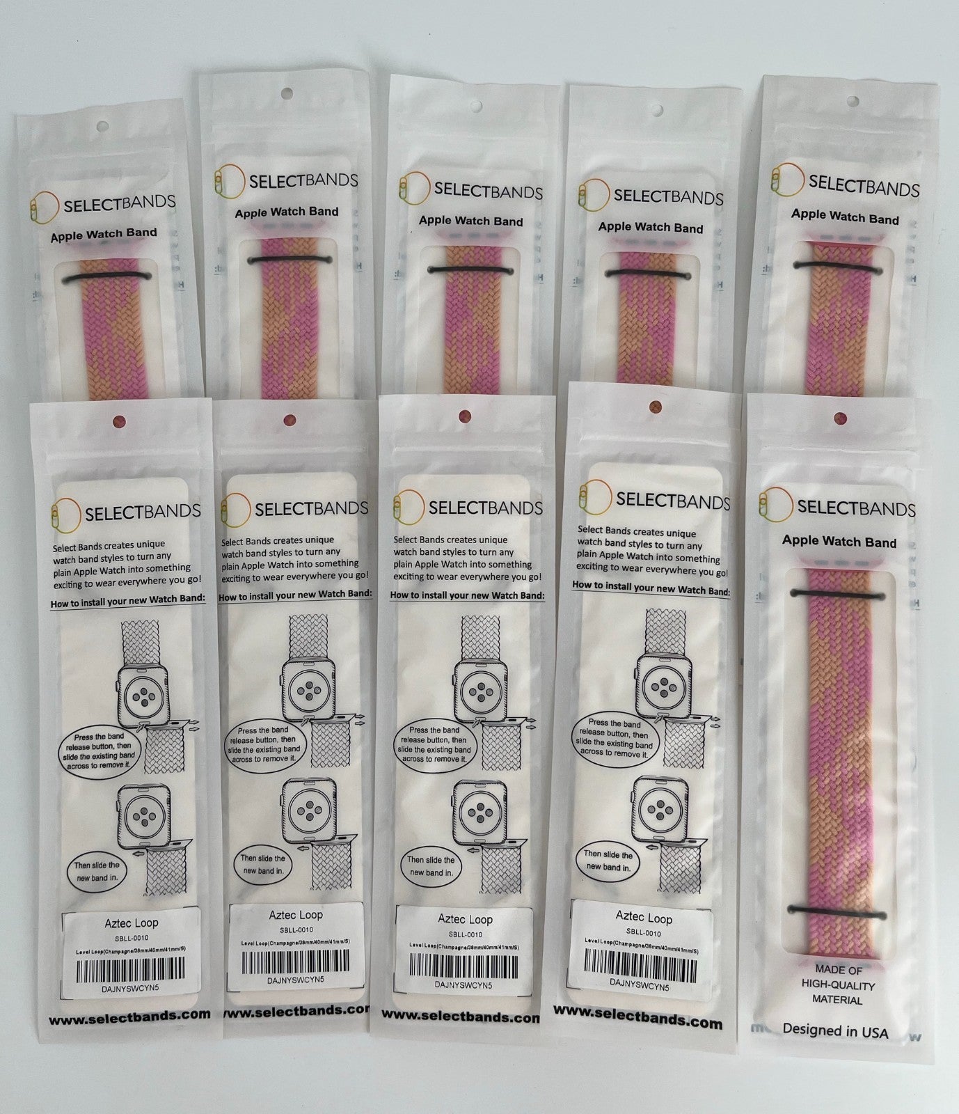 10-Pack  S  Champagne  Solid Loop Apple Watch Bands 0.8 x 5.5Inch , Fits 38mm/40