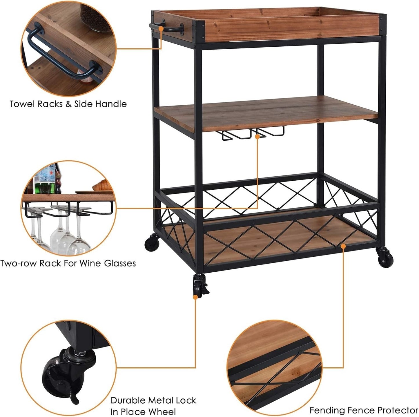 CharaVector Solid Wood Bar Cart with Wine Rack & Locking Wheels – Rustic Brown