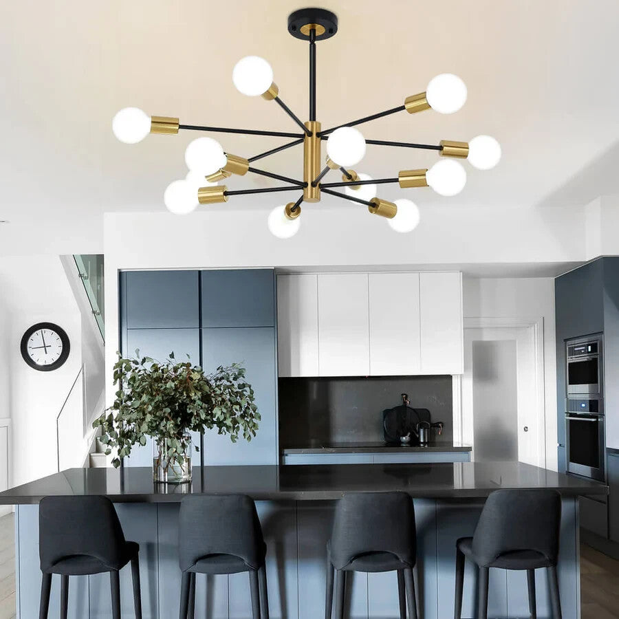 Modern Black Gold Chandelier Ceiling Light Fixture 33", 12-Lights Sputnik Decor