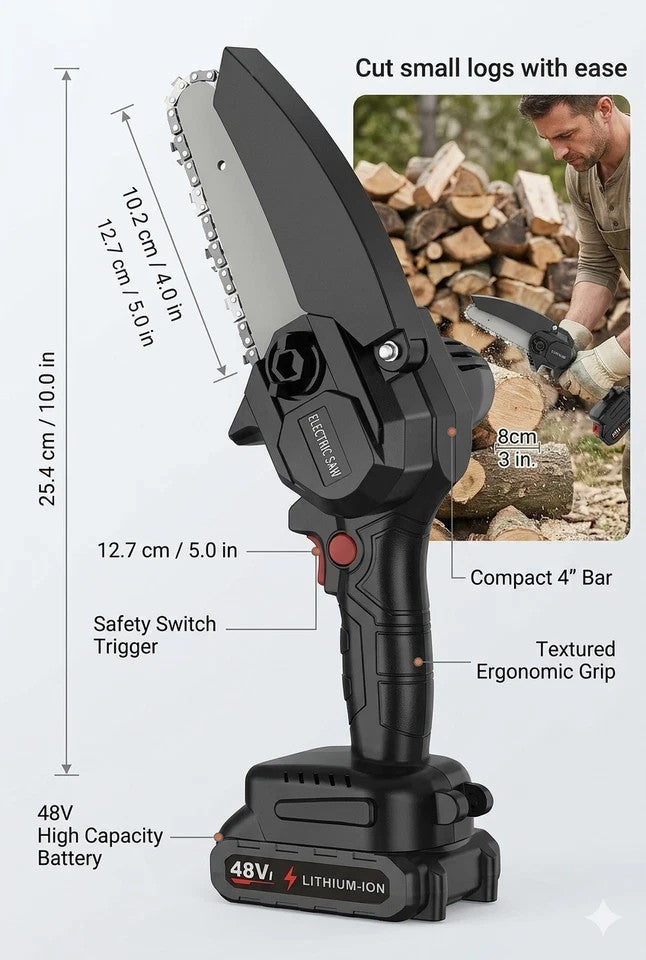 48V Mini Electric Chainsaw Cordless Handheld Pruning Saw Rechargeable Wood Cuter