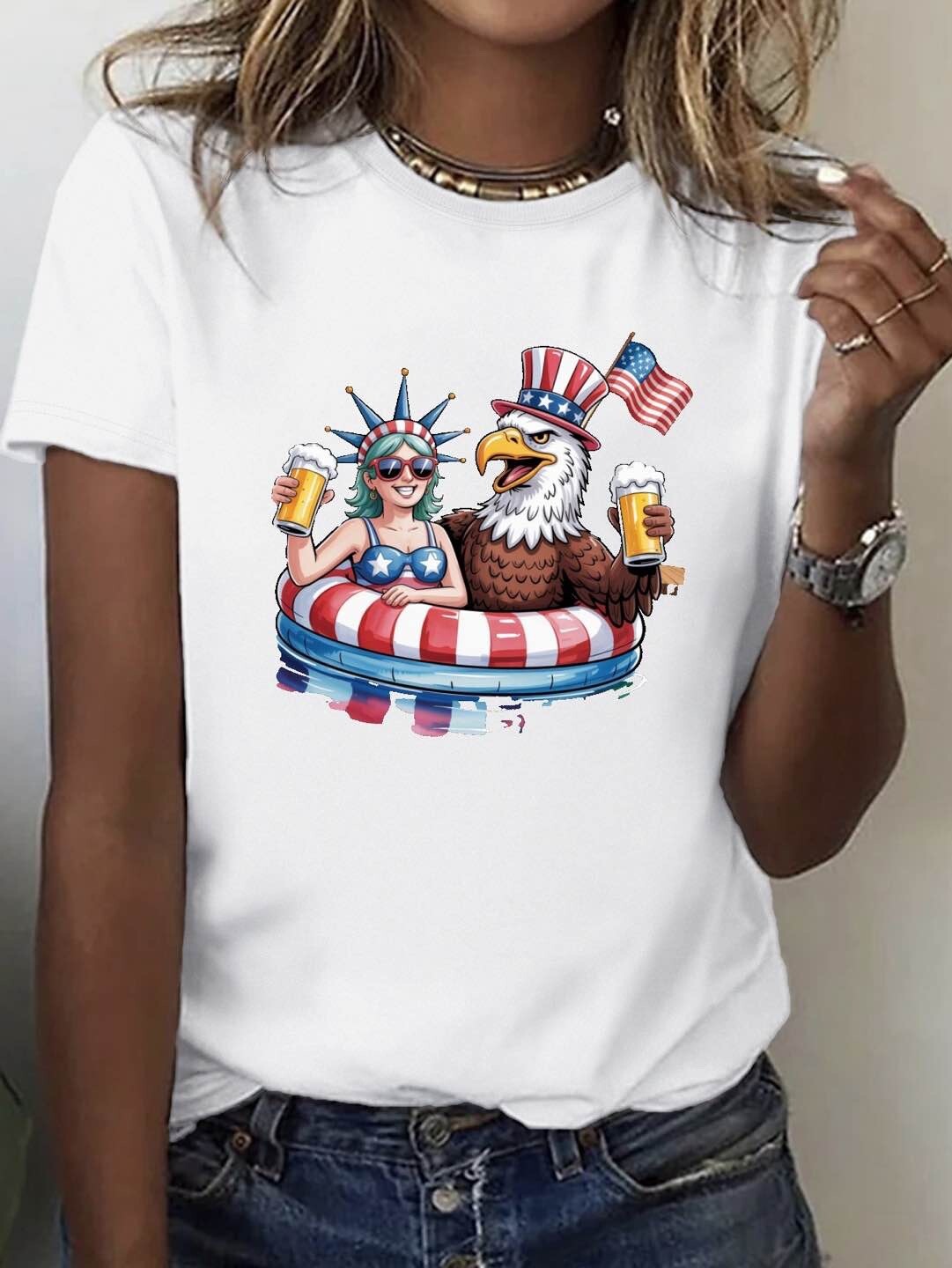 4th Of July Lady Liberty Bald Eagle Pool Float For Adult Size S-XL T-Shirt