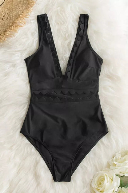 Swimsuit Black Mesh Scallop One Piece Womens V Neck Size S