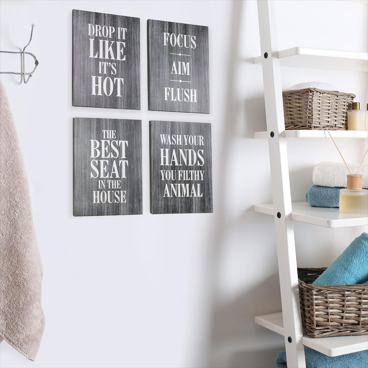Wooden Bathroom Humor Signs 8x10 Inches - Ready to Hang - Dark Gray - Pack of 4