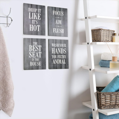 Wooden Bathroom Humor Signs 8x10 Inches - Ready to Hang - Dark Gray - Pack of 4
