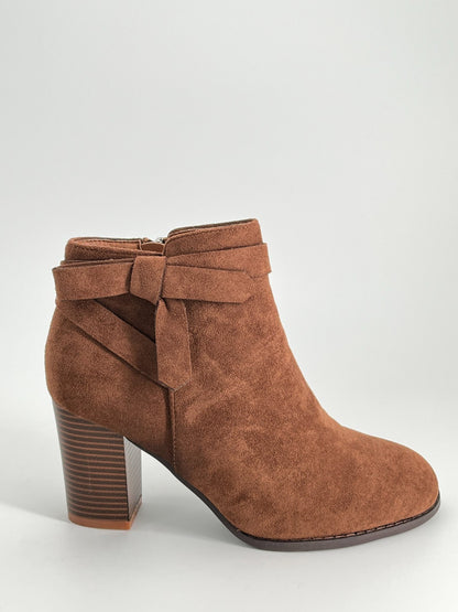Women Bowknot Round Toe Short Boots Side Zipper Stacked Block High Heel Booties