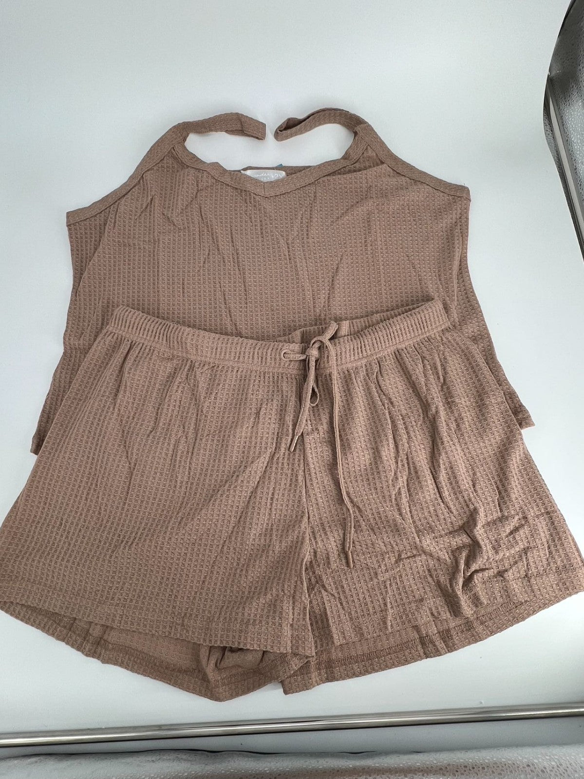 Women's Satin Sleeveless Top & PJ Shorts Pajamas Set Shadow Beige 2X