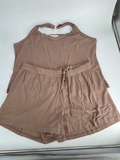Women's Satin Sleeveless Top & PJ Shorts Pajamas Set Shadow Beige 2X
