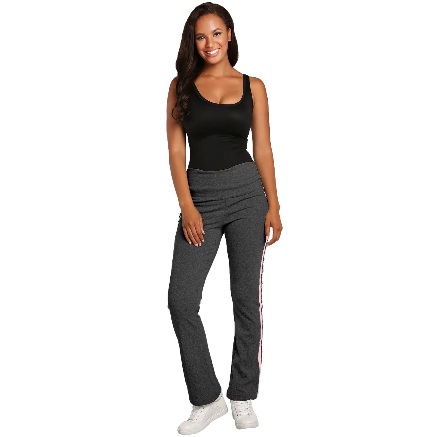 Womens Stretch Rib Sweatpants High Waist Contrast Color Seam Stripes  Color:Char