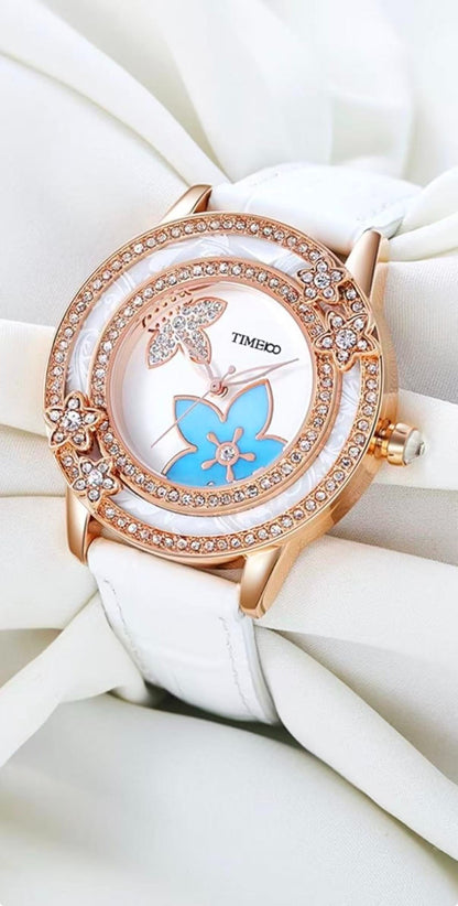winkle Flower Diamonds-Set Cowhide White Leather Strap Ladies Watch