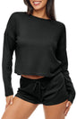 Women's Knit Pajamas Set, Long Sleeve Top and Pajama Shorts,Color:Black,Size:XL.