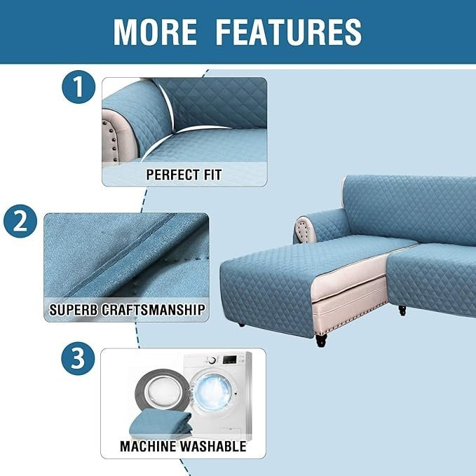 3-Seat Chaise Sofa Protector, Waterproof, M, Grey Blue
