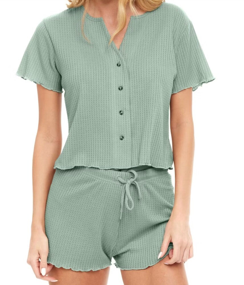 Womens Ribbed Knit Lounge Set Short Sleeve Top and Shorts Sleepwear Pajama Set.