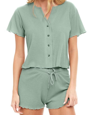 Womens Ribbed Knit Lounge Set Short Sleeve Top and Shorts Sleepwear Pajama Set.