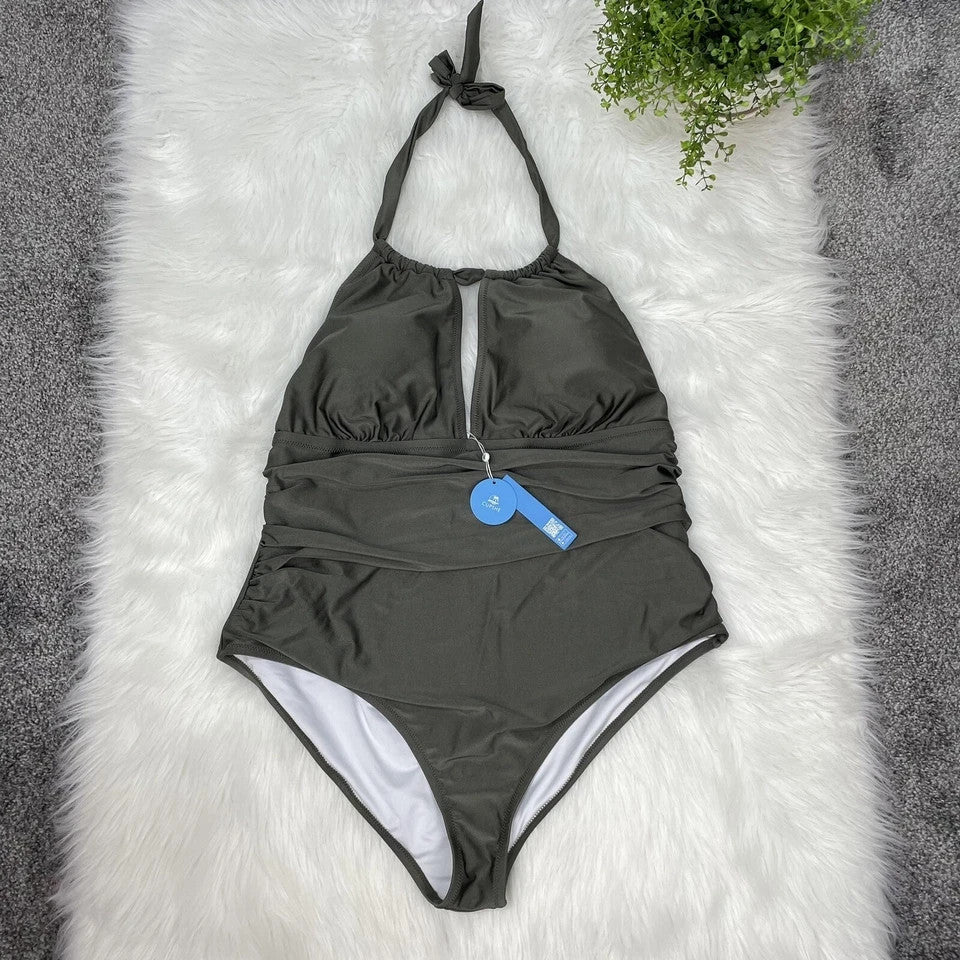 2XL Women Ruched Cutout Halter Self Tied Bathing Suit olive gree