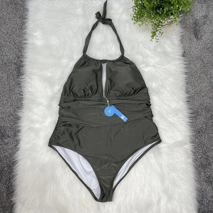 2XL Women Ruched Cutout Halter Self Tied Bathing Suit olive gree