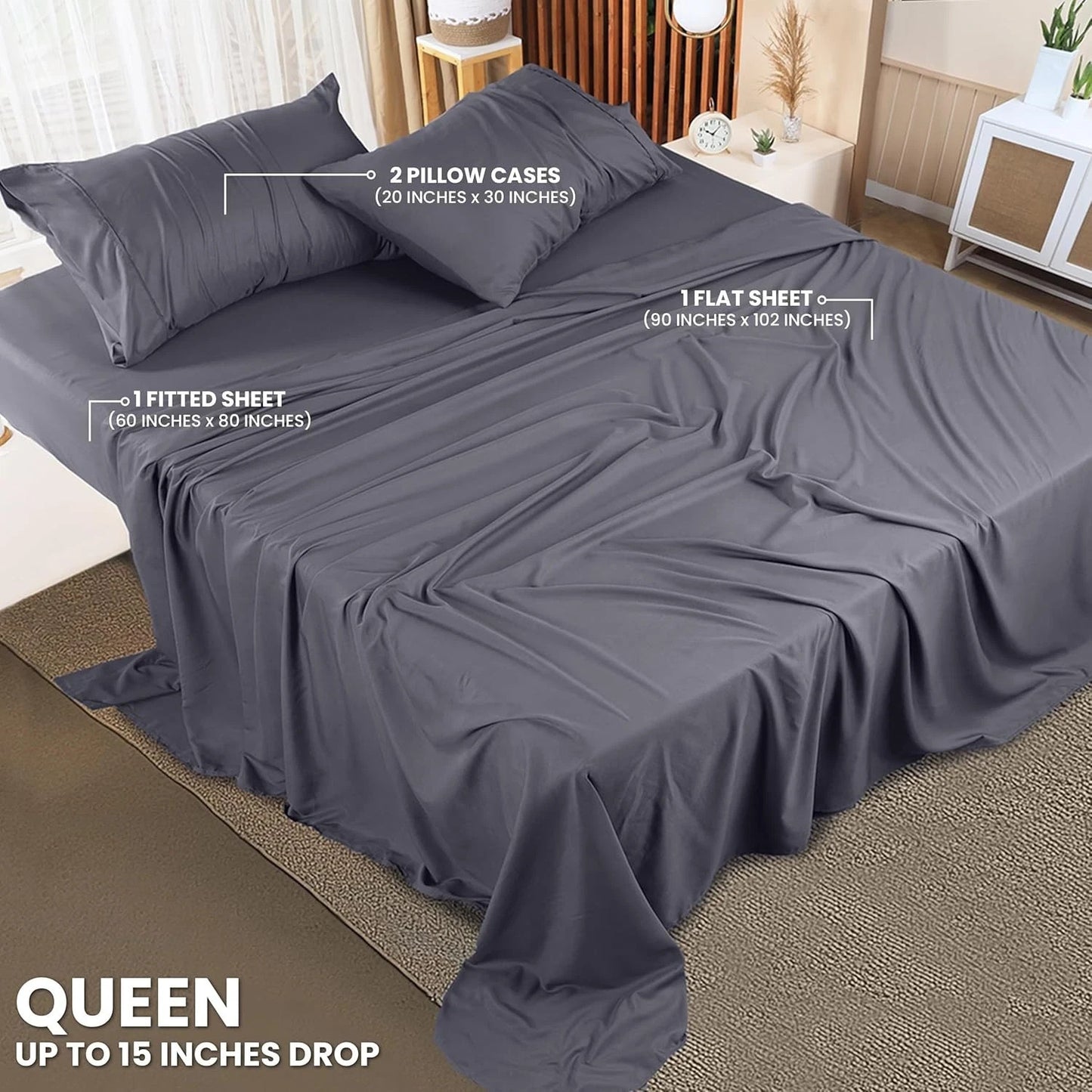Queen Bed Sheet Set – 1 Fitted Sheet, 1 Flat Sheet, 2 Pillowcases, Solid Gray