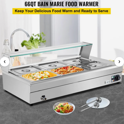 VEVOR 110V Bain Marie Food Warmer 6 Pan x 1/2 GN,Food Grade Stainelss Steel