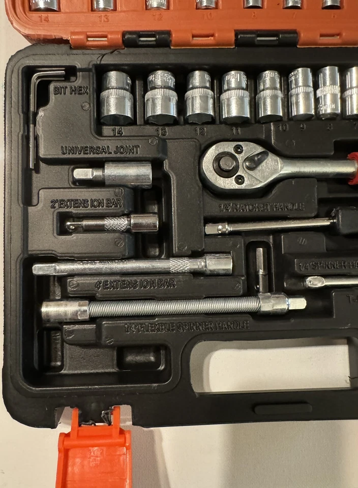 53 Piece 1/4” Dr. Socket Set, Bits, Hex Key Wrenches, Ratchet, Metric, Deep, New