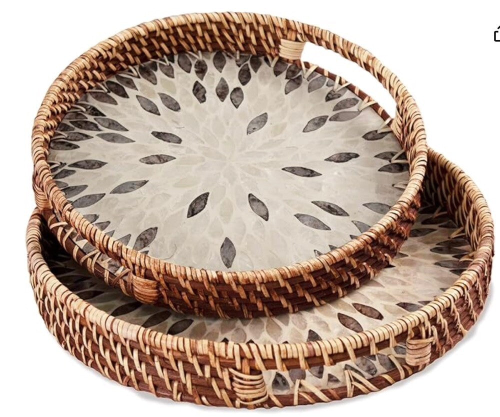 Round Rattan Tray with Mother of Pearl Inlay, Serving Leaf