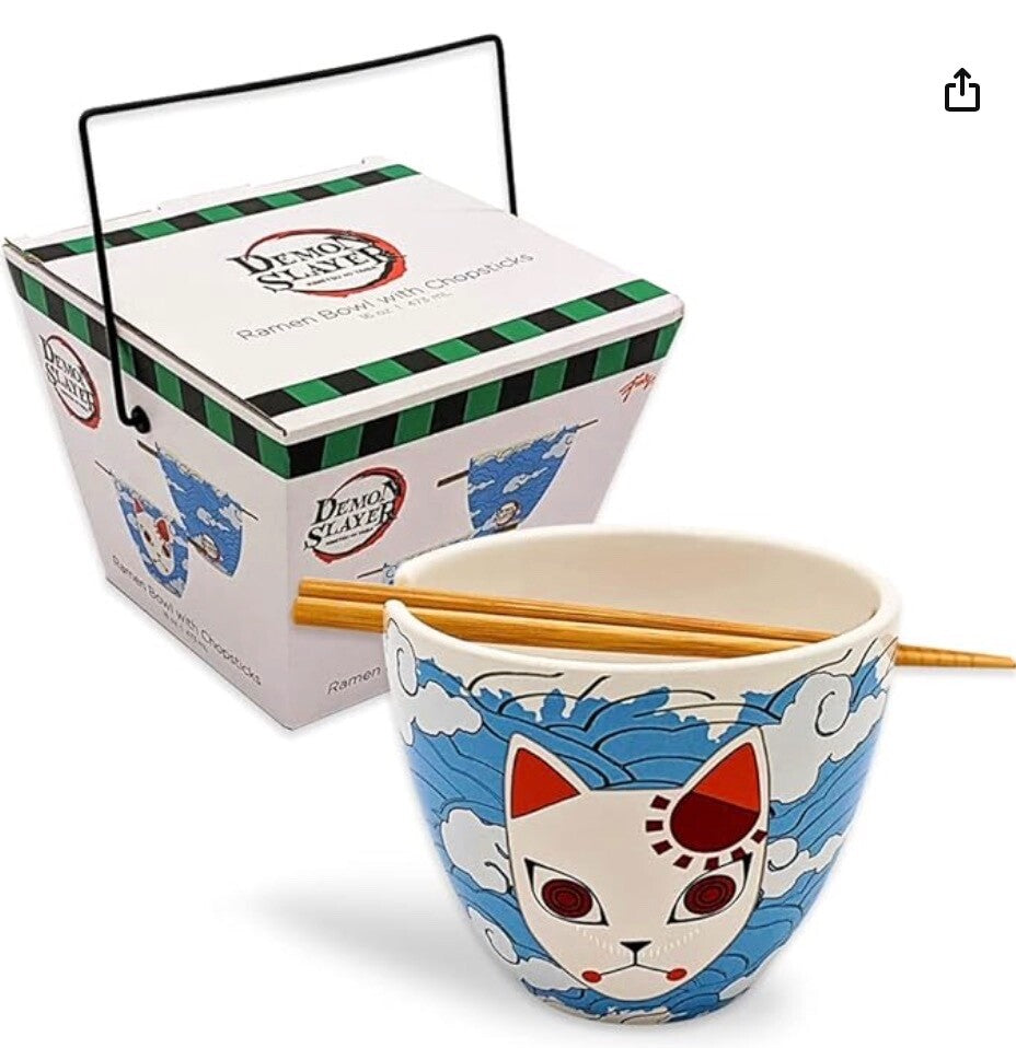 2 pcs Demon Slayer Tanjiro Fox Mask 16 oz Ramen Bowl Chopsticks Ceramic Clouds