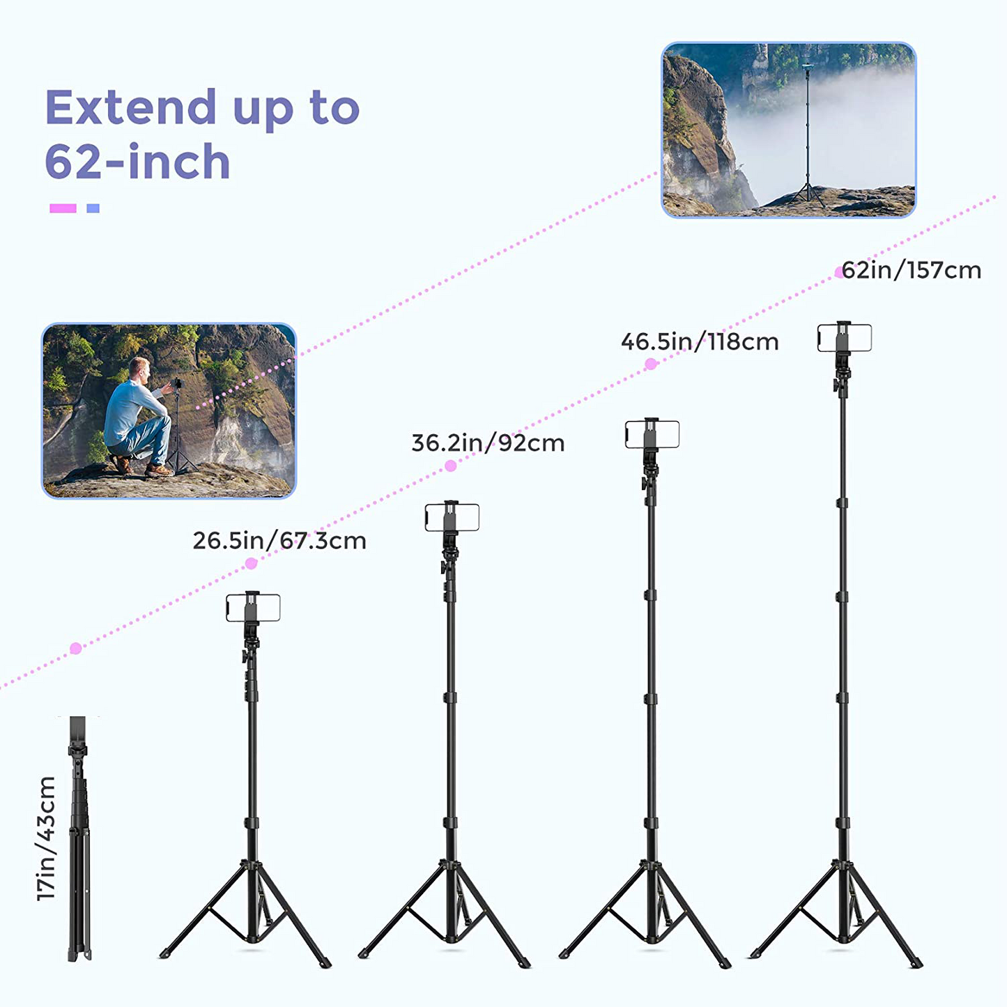 Universal 62-inch Selfie Stick Tripod Stand for Cell Phone with Bluetooth Remote