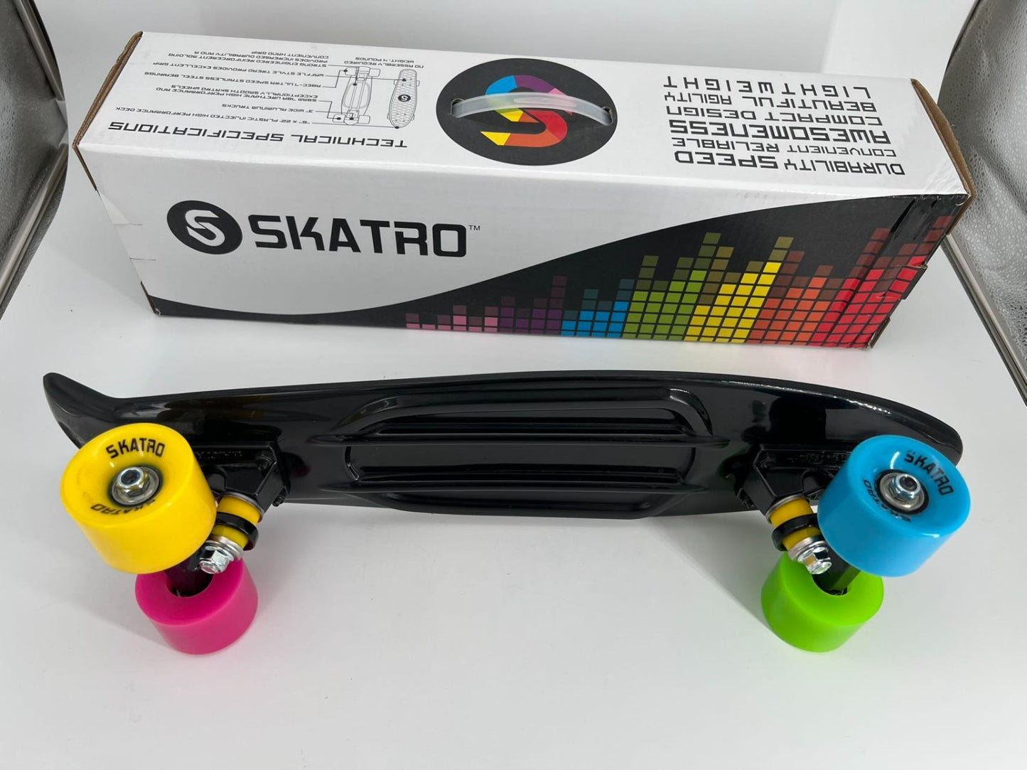 Black Logo Retro CruiserRainbow Wheels Skateboard