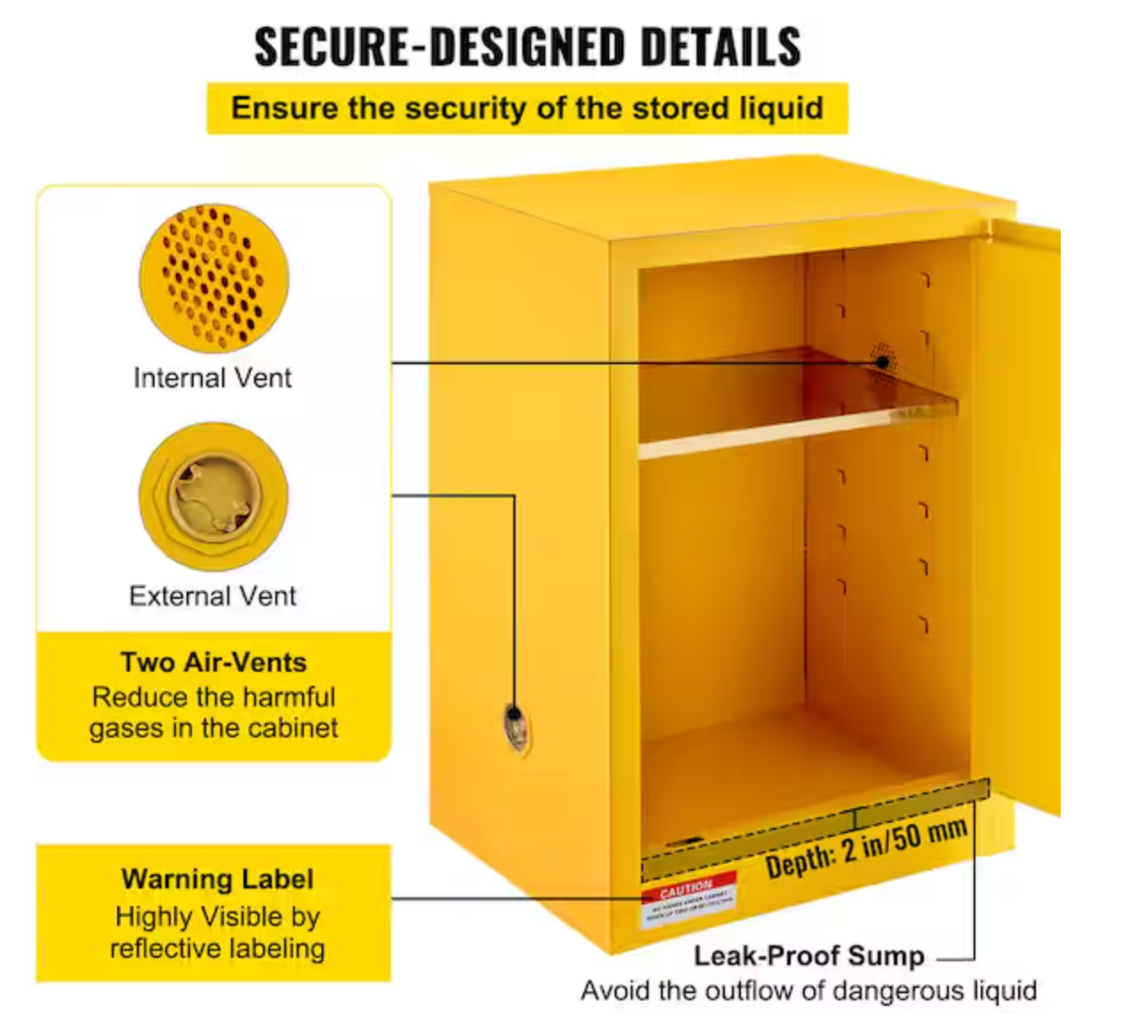 Flammable Safety Cabinet Adjustable Shelf Steel Yellow Storage Cabinet