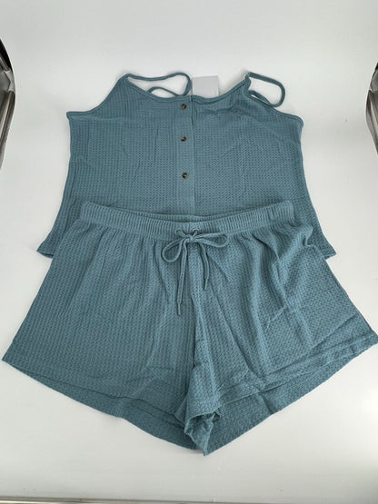 Women's Knit Pajamas Set Sling button top and pajama shorts Sky blue XL