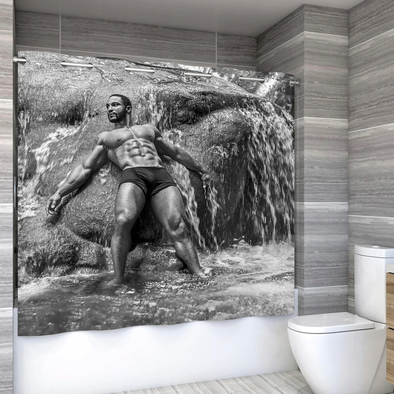Waterfall Shower Curtain with Snap-on Liner. NO Hooks Required.