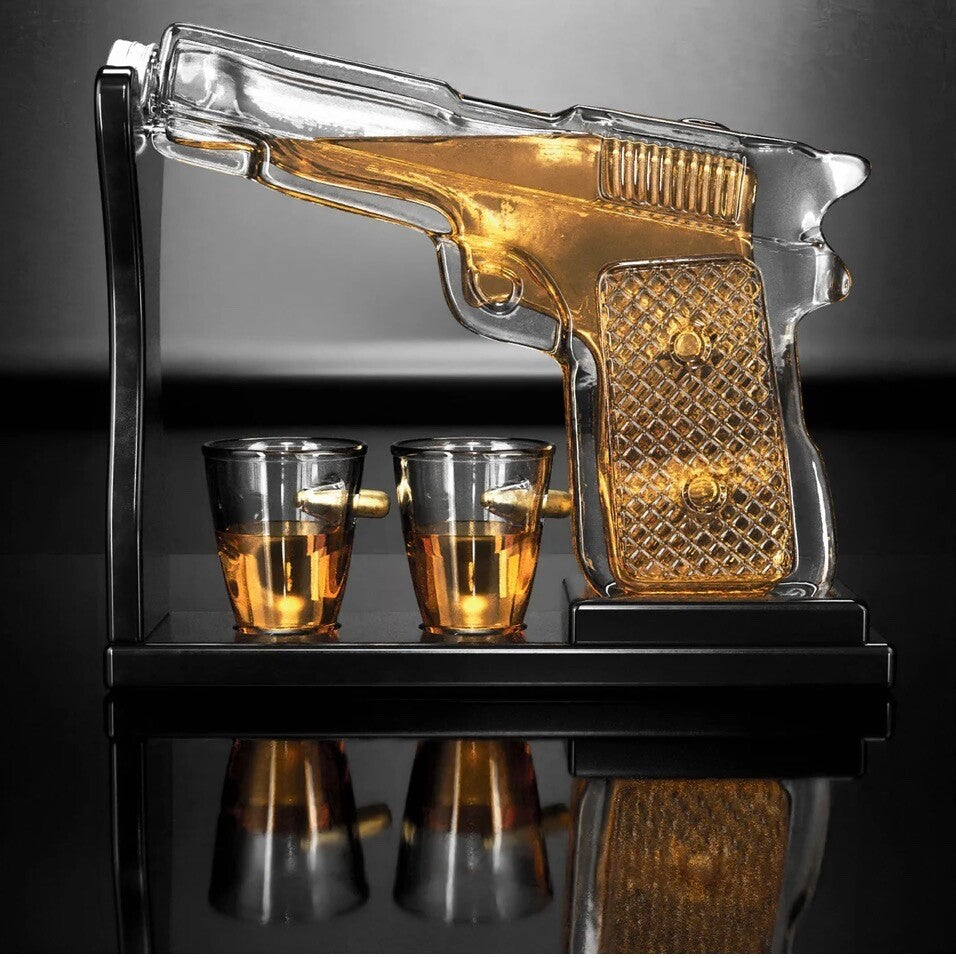 Gifts for Men Dad Whiskey Decanter Set 9 Oz with Two 2 Oz Glasses, Pistol Gun Bi
