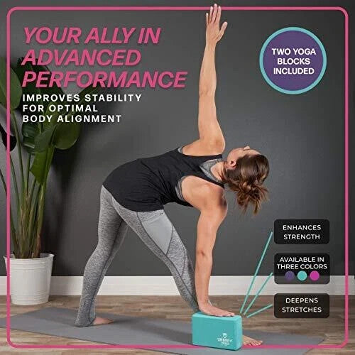 Yoga Blocks 2 Pack - Sturdy Foam Yoga Block Set with Strap for Exercise, Pink