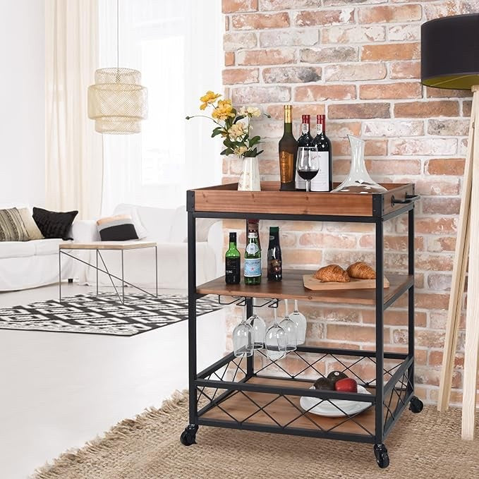 CharaVector Solid Wood Bar Cart with Wine Rack & Locking Wheels – Rustic Brown