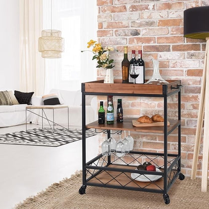 CharaVector Solid Wood Bar Cart with Wine Rack & Locking Wheels – Rustic Brown