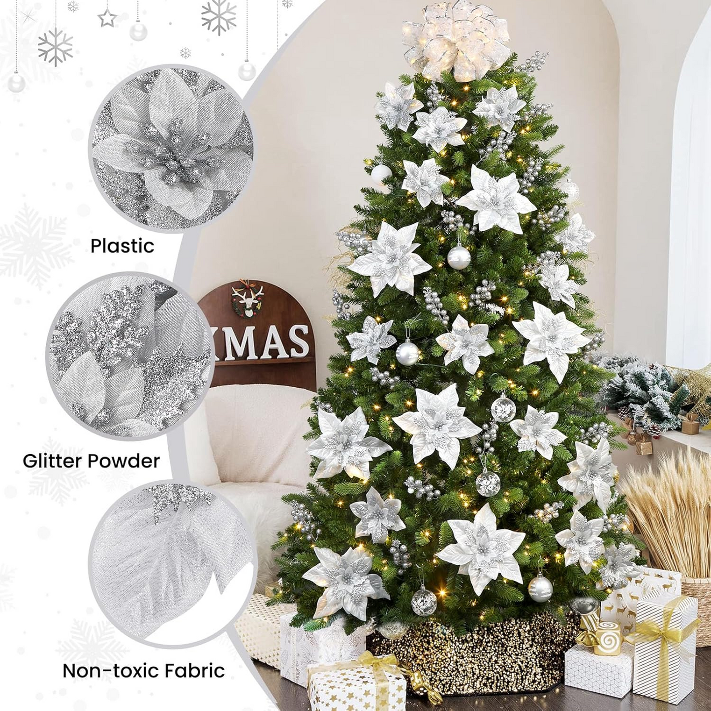 Glitter Christmas Poinsettia Hanging Flowers Xmas Party Tree Decoration US