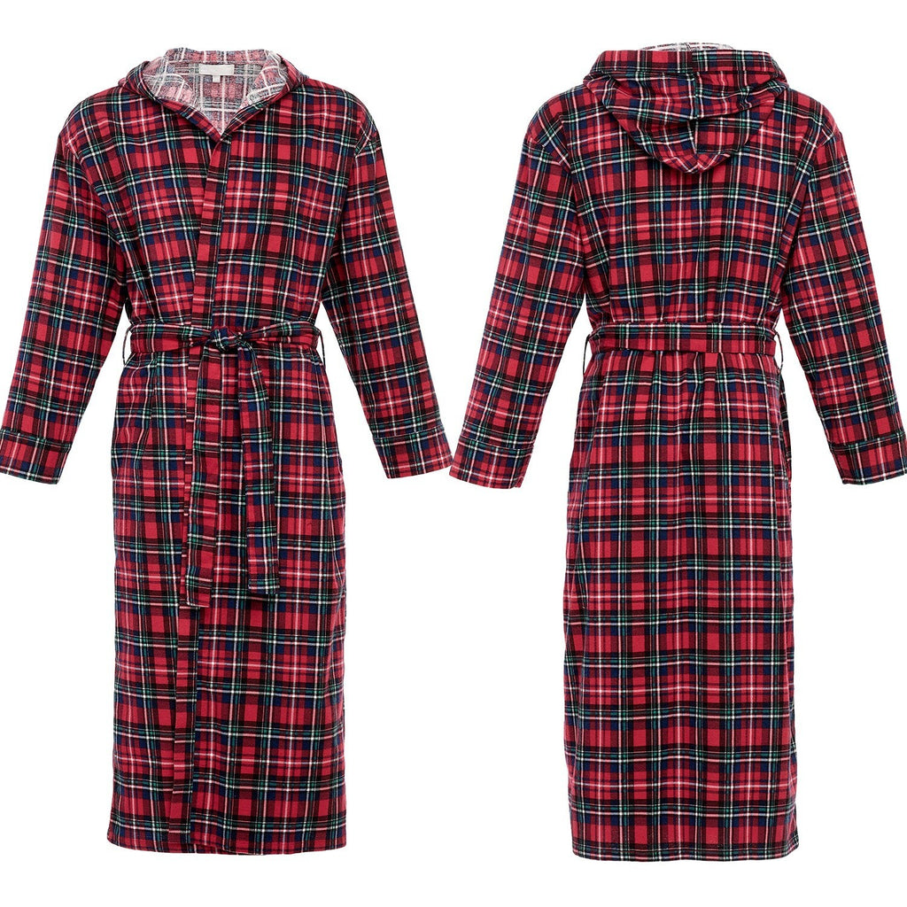 Men's Cotton Flannel Robe with Pockets, Hooded Bathrobe 3XL Color:Red Black Plai
