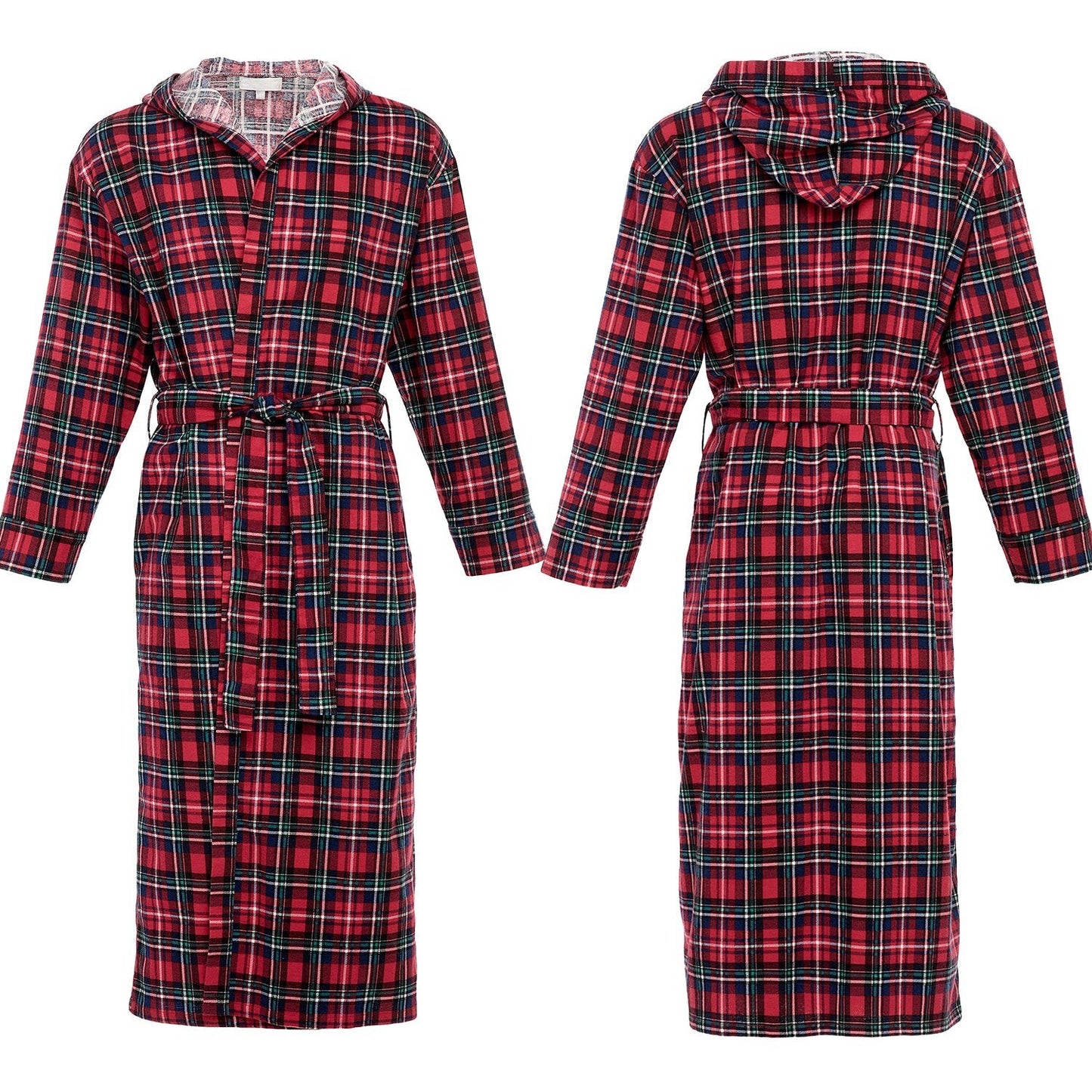 Men's Cotton Flannel Robe with Pockets, Hooded Bathrobe 3XL Color:Red Black Plai