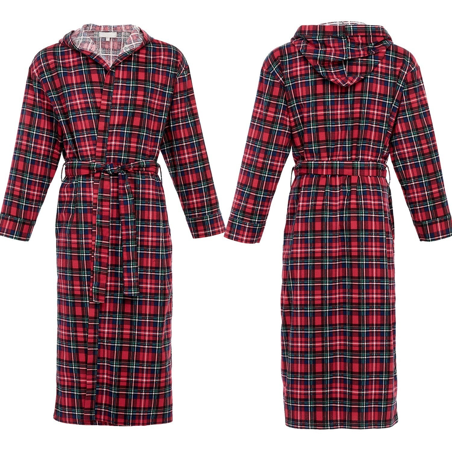 Men's Cotton Flannel Robe with Pockets, Hooded Bathrobe 3XL Color:Red Black Plai