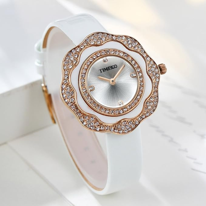 Women Leather Band Wrist Watch, Plum-Shaped Pearl Bezel Diamond-Set Waterproof Q