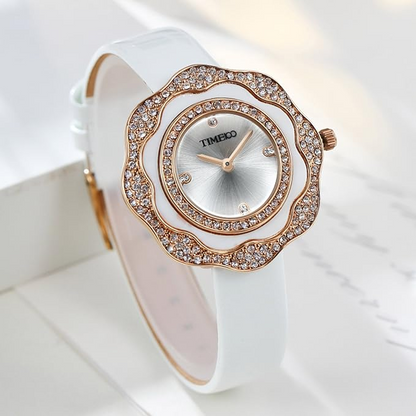 Women Leather Band Wrist Watch, Plum-Shaped Pearl Bezel Diamond-Set Waterproof Q