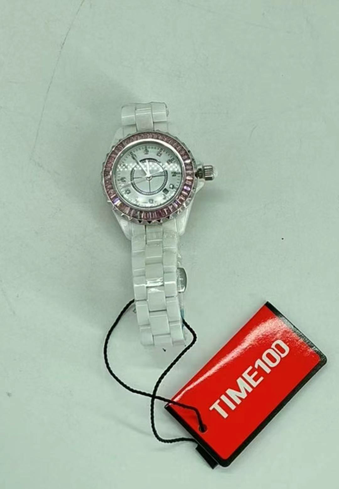 Rhinestone White Ceramic Watch Casual Lady Nice Dress Watches (Pink)