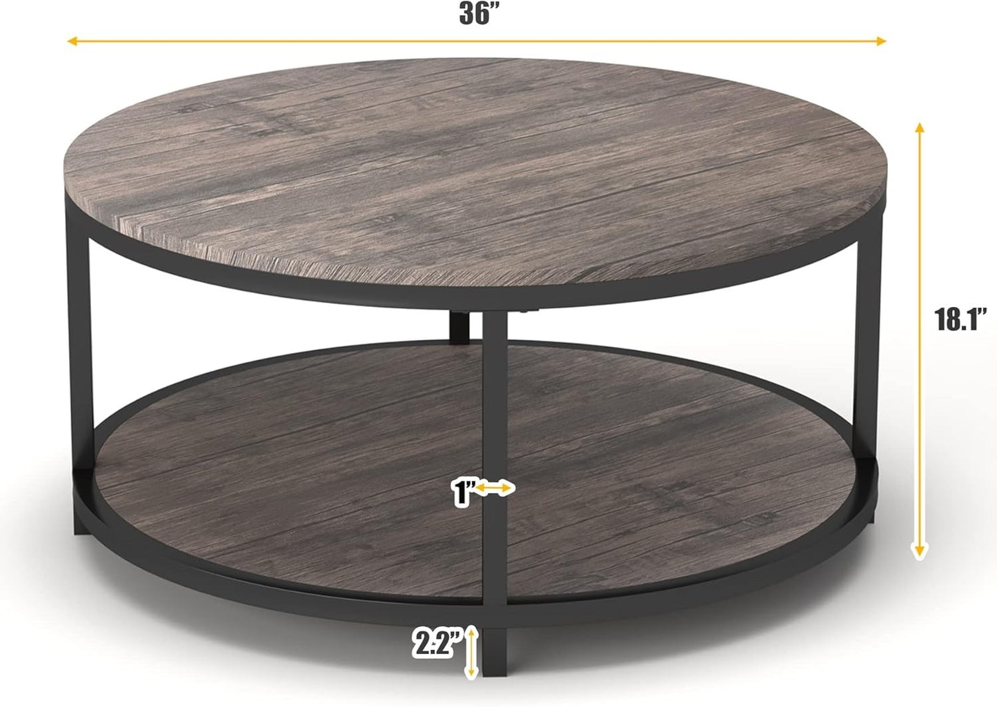 NSdirect 36" Round Coffee Table with Storage Shelf – Light Walnut