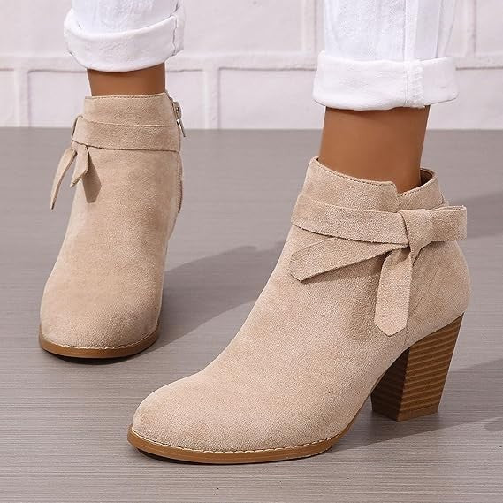 Beige Women’s Cowboy Boots, Classic Pointed Toe Chunky Heel, Pull-On, Size 6