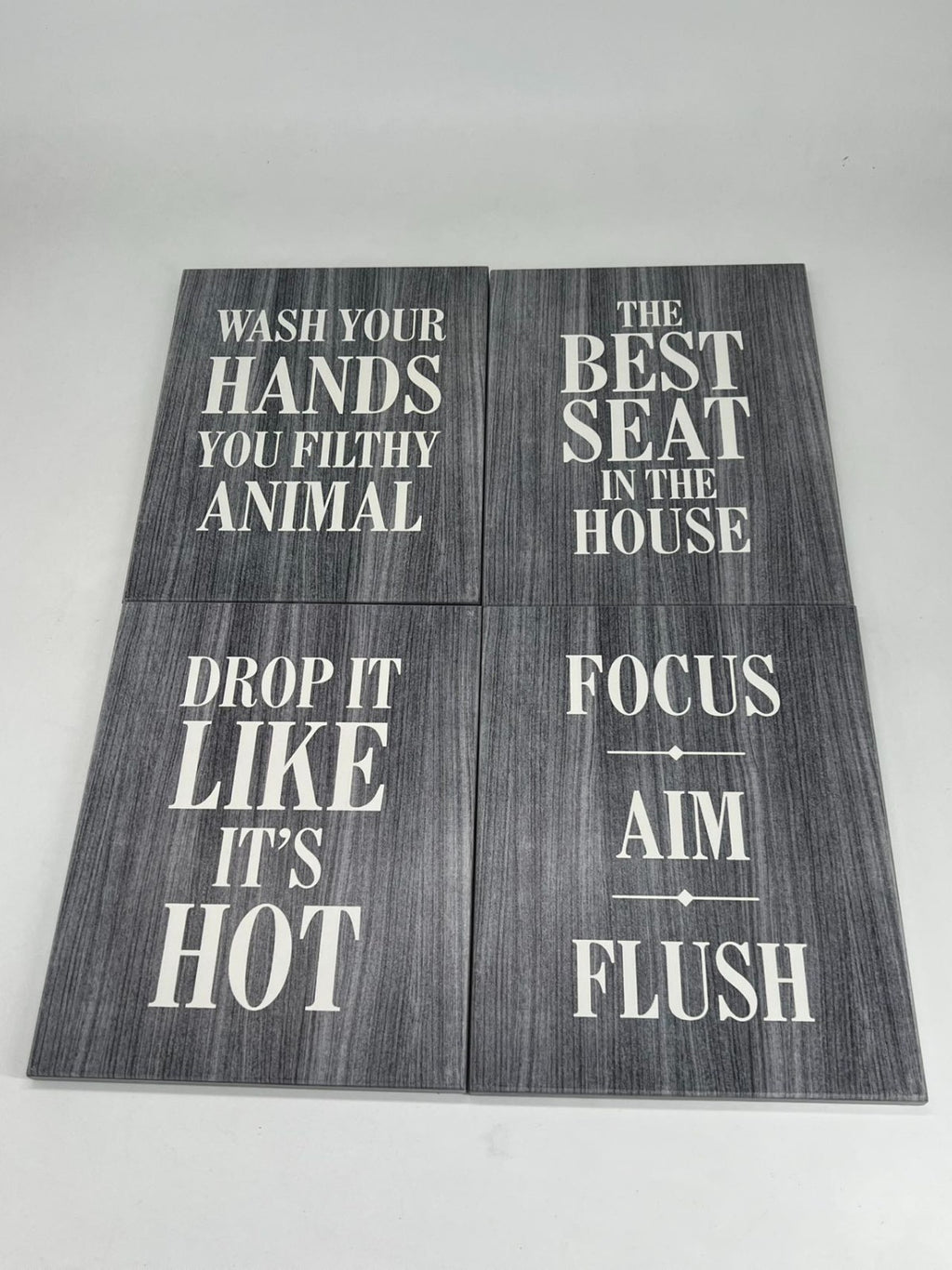 Wooden Bathroom Humor Signs 8x10 Inches - Ready to Hang - Dark Gray - Pack of 4