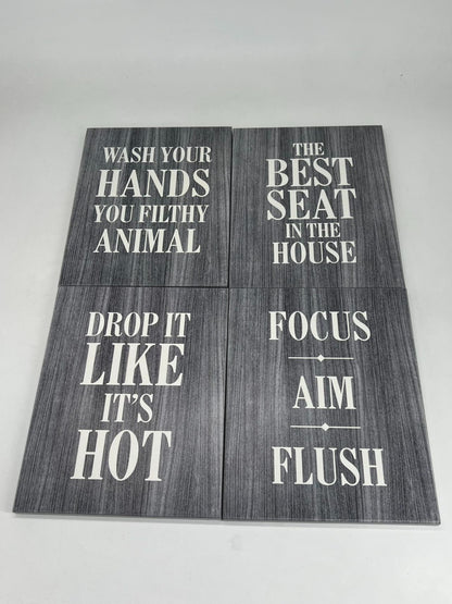 Wooden Bathroom Humor Signs 8x10 Inches - Ready to Hang - Dark Gray - Pack of 4