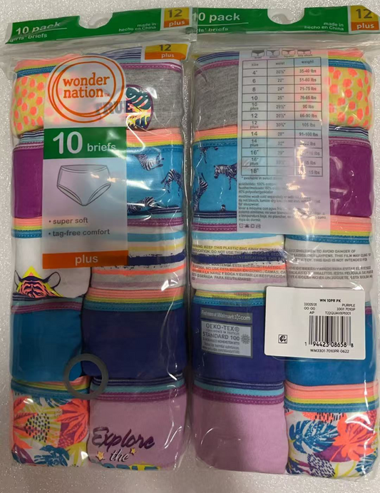 20PCS Wonder Nation Girls Cotton Brief Underwear, 10-Pack, Sizes 12 & Plus